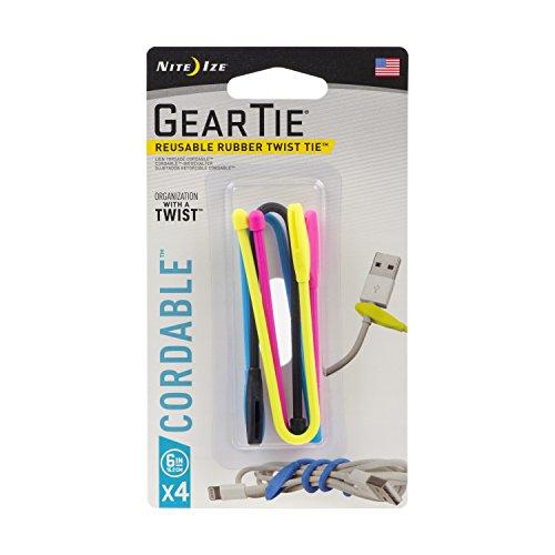 Nite Ize Gear Tie Cordable, The Orginal Reusable Rubber Twist Tie With Stretch-Loop For Cord Management + Storage, 6-Inch, Assorted Colors, 4 Pack, Made In The Usa